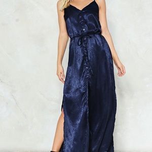 Nasty Gal Button Through Satin Cami Dress Button Down On Your Luck Navy Dress